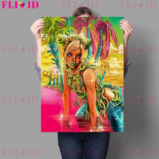 Cute and Terrifying Pink Girl Retro Wall Art Oil Painting Red Peach Girl, Zombie Laurie, Gothic Moon Girl Art Poster