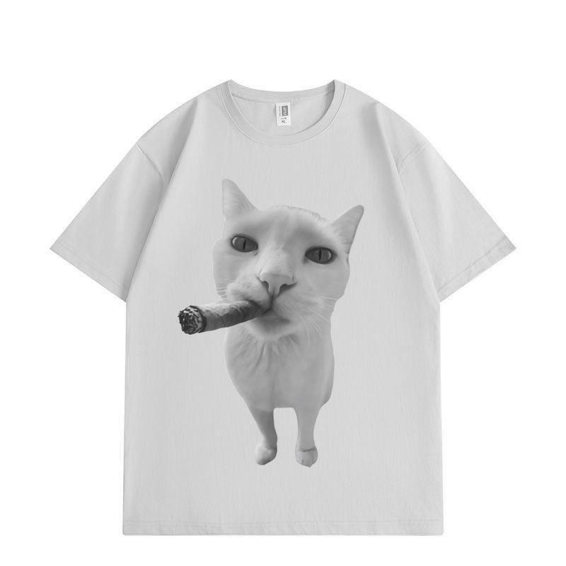 Cat Smoking Cigar Funny Meme Graphic T Shirts Men Women Fashion Vintage Short Sleeve T-shirts Summer Loose Cotton T-shirt