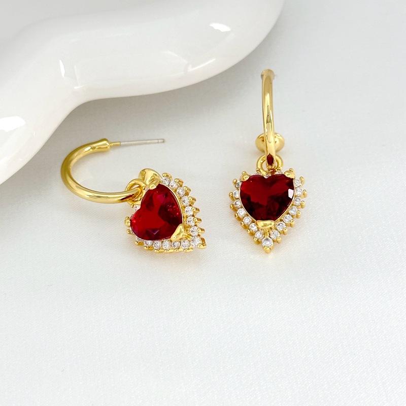 Manufacturer Supply French Fashion In Needle Earrings Women'S Red Zircon Love Earrings Earrings Spot