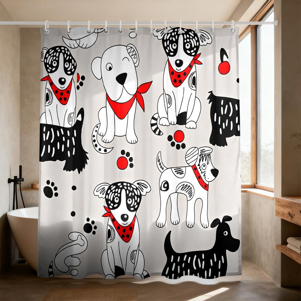 1PC Black White Red Polka Dot Neck Scarf Hand-drawn Cartoon Dog Shower Curtain Waterproof Partition Privacy Hanging Curtain
