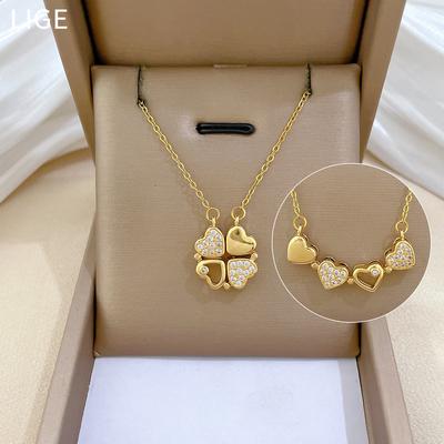 Necklace Women'S New Model, A Two-Wear Heart-To-Heart Open And Closed Four-Leaf Flower Full Diamond Versatile Clavicle Chain Titanium Steel