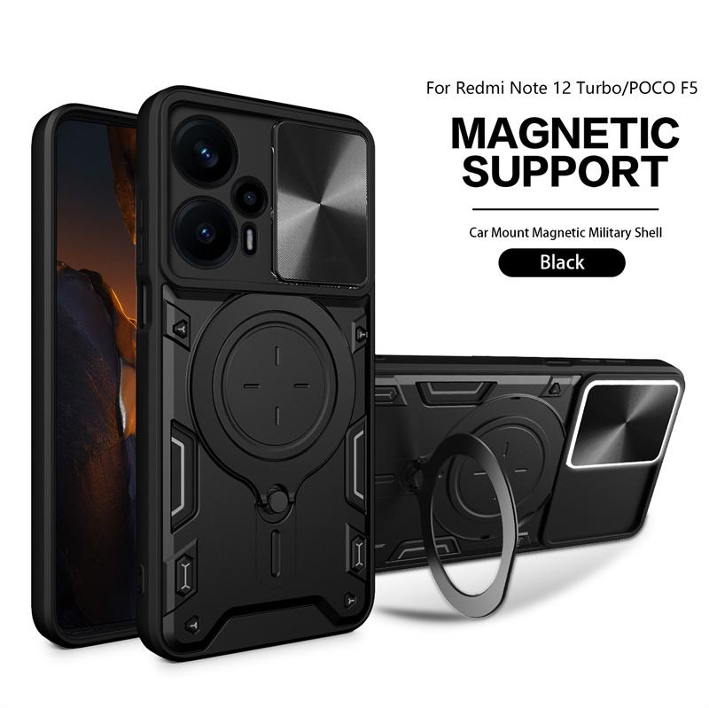 Pour POCO F5 5G Coque Support Magnétique pour Voiture Anneau Coque Blindée pour Xiaomi Poco F5 Pro F 5 F5Pro PocoF5 Couvercle de Protection d'Objectif Coulissant