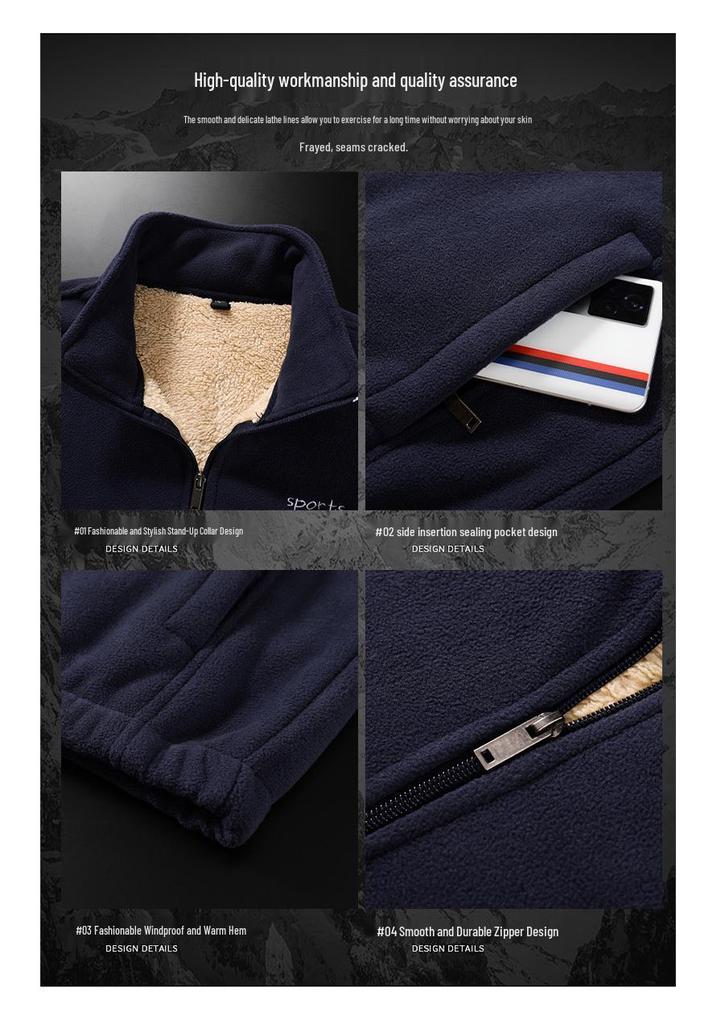 Men's Autumn Korean Style Stand Collar Velvet Jacket with Lambswool and Zipper Welt Pockets