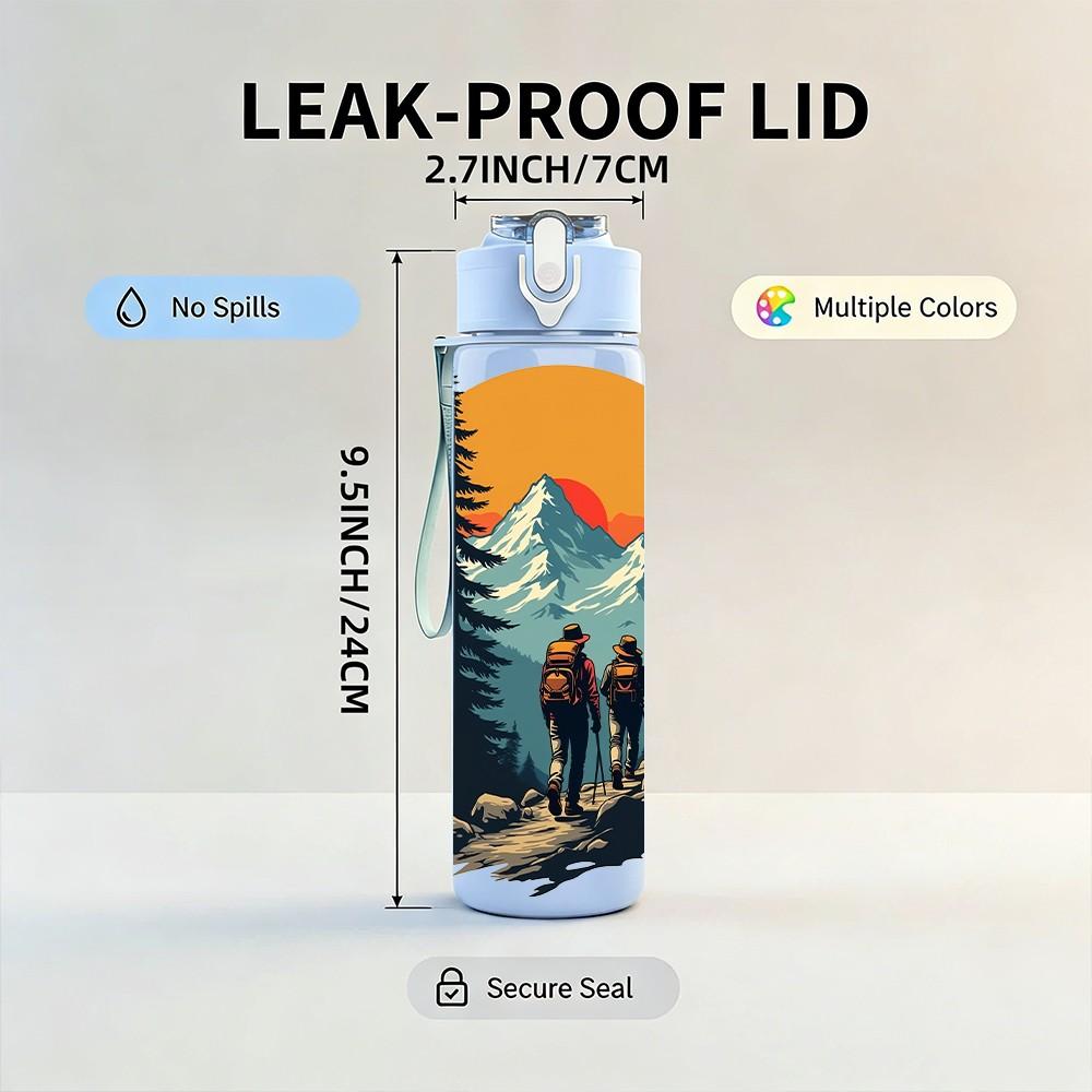 1PC Mountain Forest Sunset Camping Print 750ml Color Plastic Sports Water Bottle Leakproof Flip Straw Lid Suitable for Sports Office Home Use