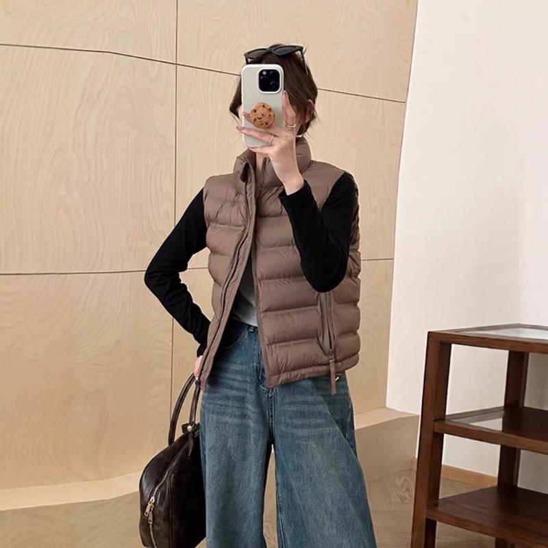 Cotton Vest Women's Autumn and Winter New Stand-up Collar Short Cotton Vest Pocket Zipper Light and Slim Vest