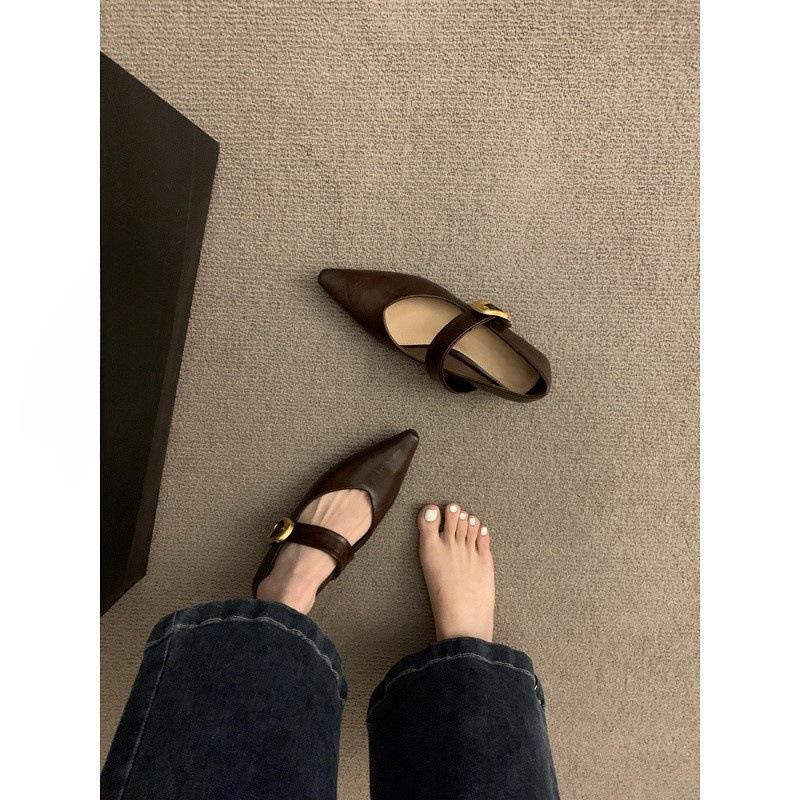 Flat Bottom Pointed Black Single Shoes Women's Shoes Spring and Autumn Low Heel Temperament Mary Jane Small Leather Shoes
