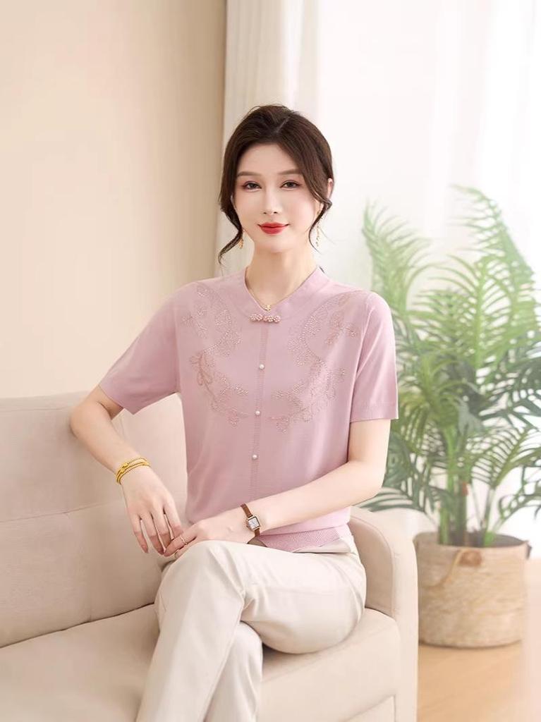 Mom's Summer Chinese Knitted T-shirt: Short Sleeve Ice Silk Top & Two-Piece Set for Middle-Aged Women