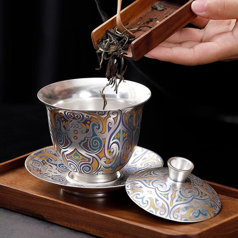 Chaxun Ceramic Gaiwan with Gilded Silver Lid