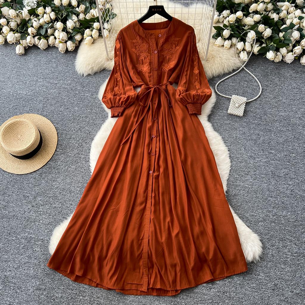Vintage Elegant Embroidered Button Dress A-line Chic Casual Beach Vacation Women Summer Dresses