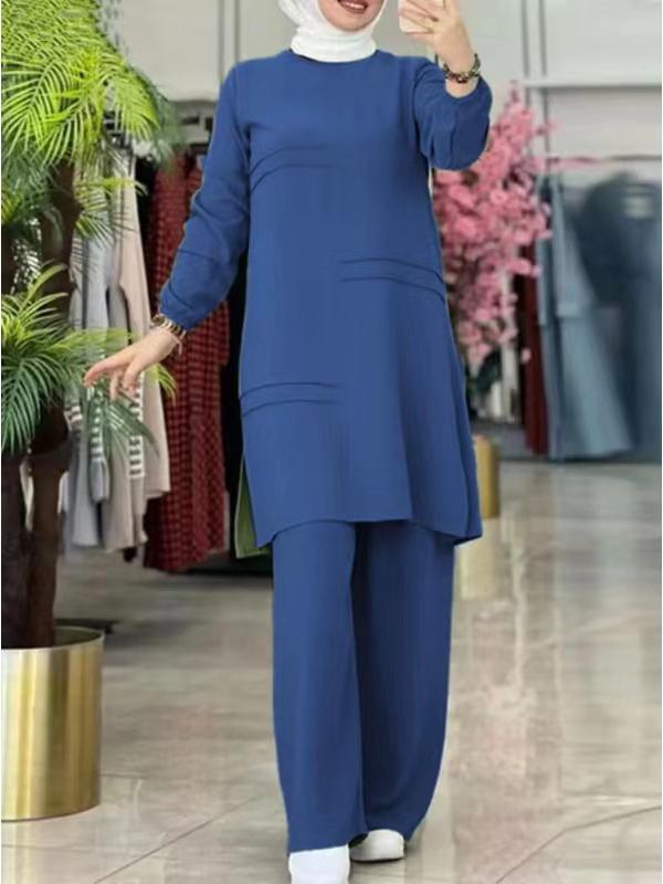 2024 Elegant Solid Color Muslim Women's Two-Piece Tracksuit with Double Stripe – Long Sleeve Shirt & Wide Leg Pants Set