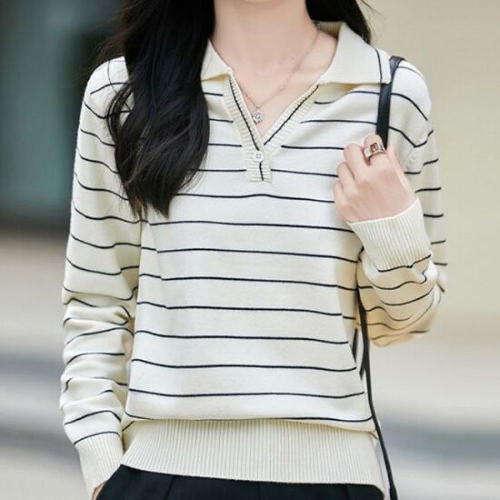 Navava Women Casual STriped Collar Long Sleeve KniT T shirT Nk3600