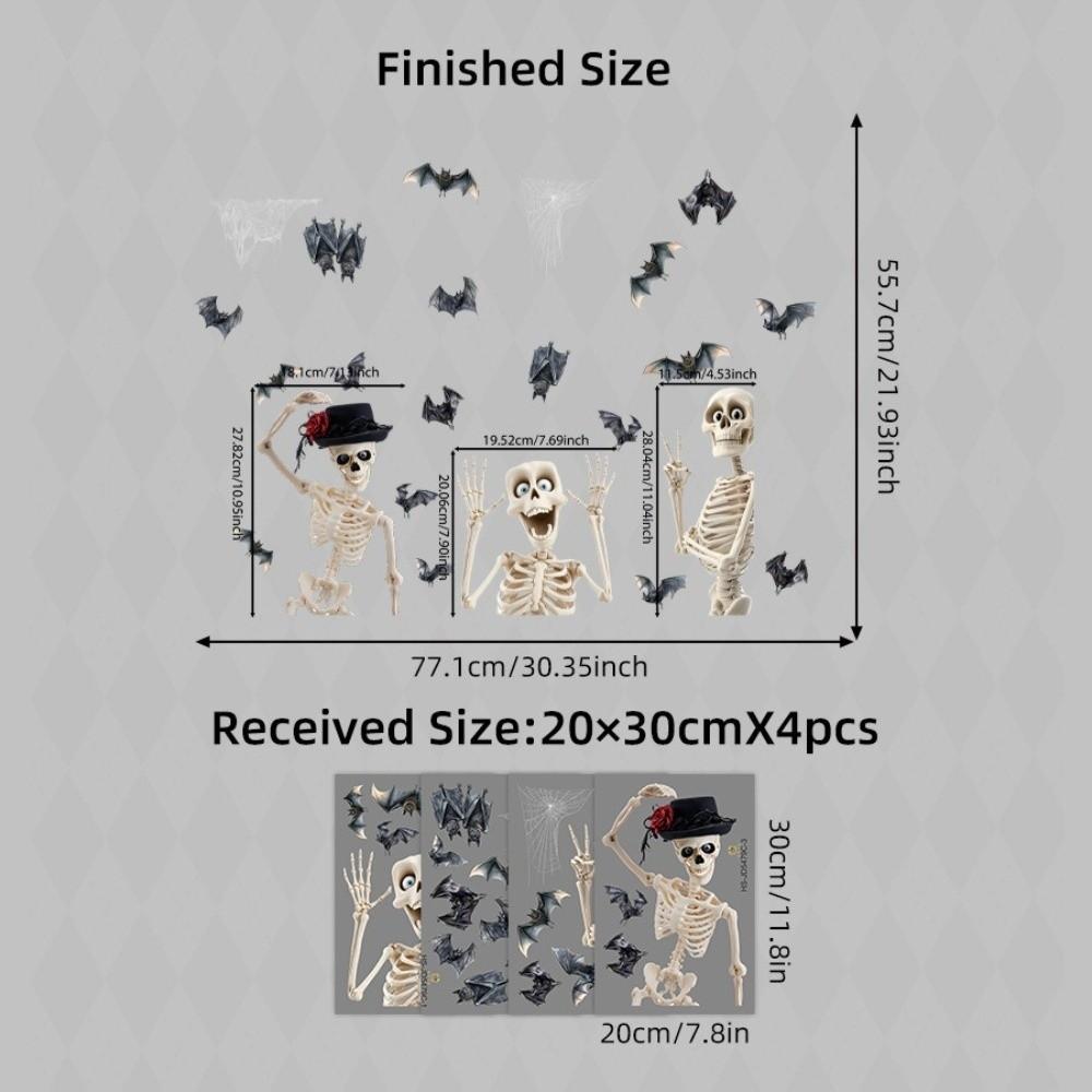 4Pcs Removable Halloween Skeleton Window Stickers Non-Adhesive PVC Bat Skeleton Static Stickers Spooky Waterproof