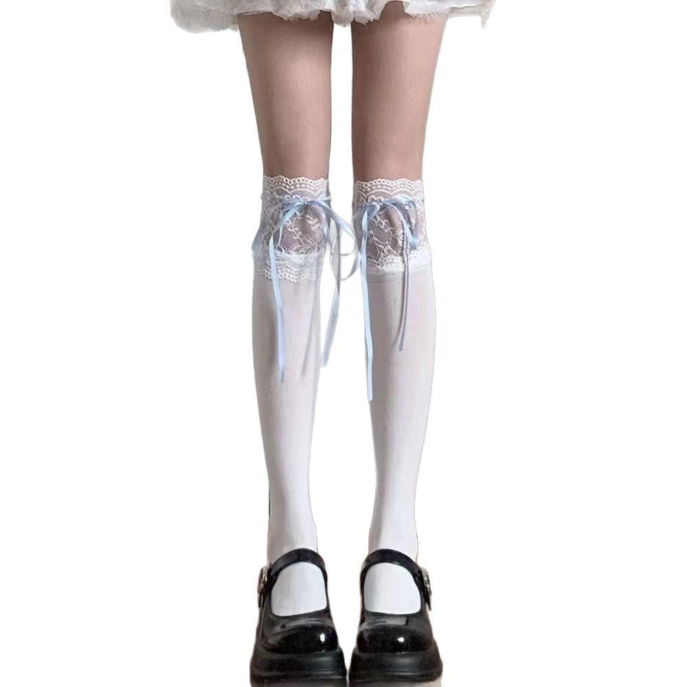 Lolita Lace Knee Socks White Women'S Ribbon Bow Medium Stockings Jk Autumn Thin Calf Socks