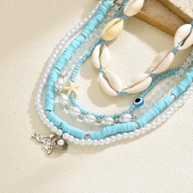 Blue Bohemian Necklace Seaside Necklace Soft Pottery Pearl Shell Multilayer Stacked Necklace
