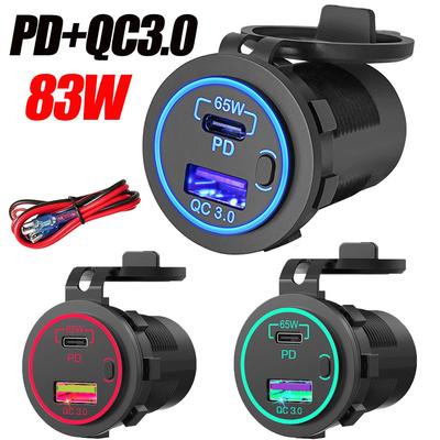 83W USB automobilinis įkroviklis su 65W PD greituoju įkrovimu iPhone, universalus 12V-24V transporto priemonės lizdo tvirtinimo adapteris su QC 3.0