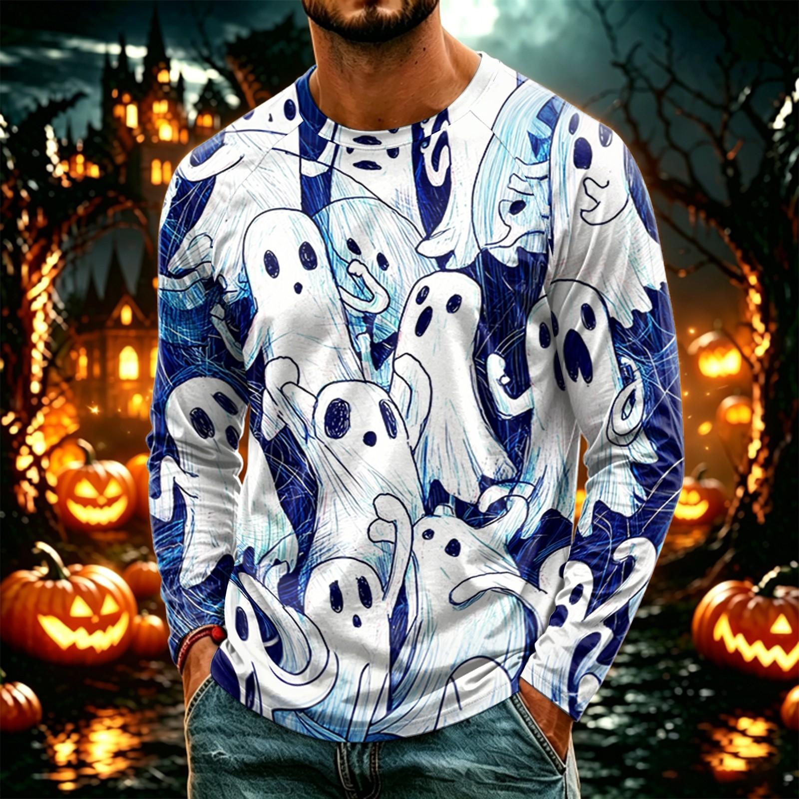 Men s Halloween Printed Long Sleeve T-Shirt, Casual Lightweight Round Neck L