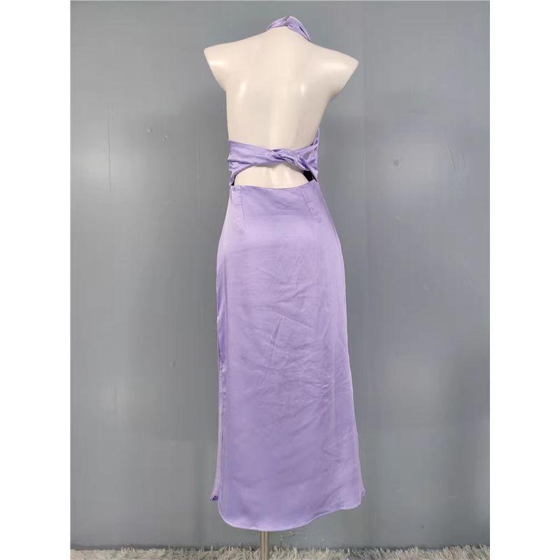 Foreign Trade Order Lu's Personalized Niche Design Oblique Collar Smooth Fabric Purple Lady Sleeveless Backless Elegant Dress