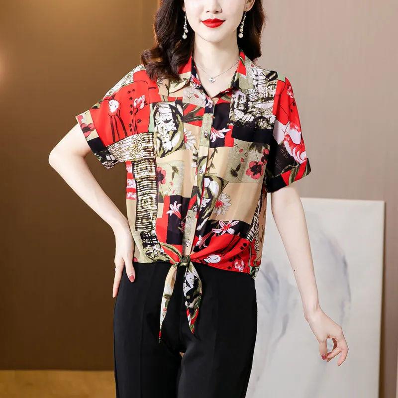 

Vintage Printed Fashion Single-breasted Shirt Summer Turn-down Collar Casual Bandage Loose Blouse S червоний