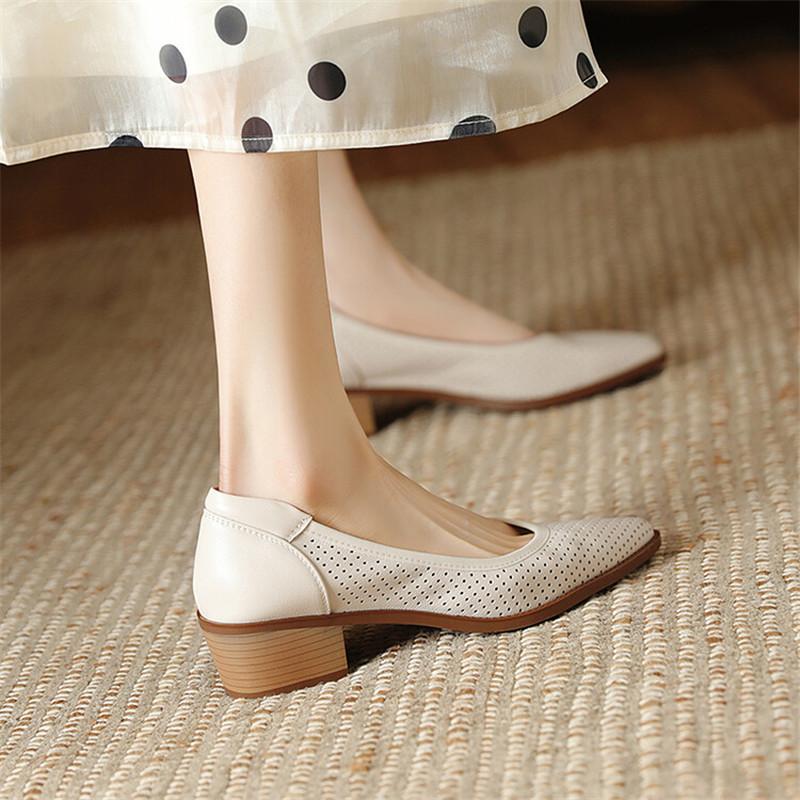 Fashion 2025 New Fashion Hollow Out Women Pumps Pointed Toe Summer Shoes Chunky Heels Genuine Leather Shoes for Women Zapatos De Mujer