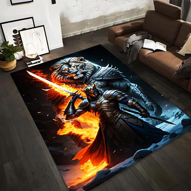 

Epic Fire Sword Fighter with Lion Warrior Dark Fantasy Carpet Suitable for use as an anti-slip for living room bedroom sofas 40x60cm( 15x23in )