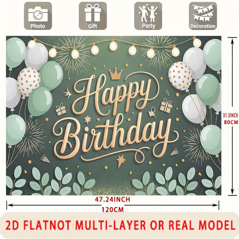 2D Green Gold Eucalyptus Happy Birthday Backdrop Banner Photography Background for Party Decor