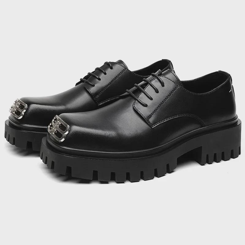 British Niche Square Toe Leather Derby Shoes - Men's Black Casual High-End Suit Footwear