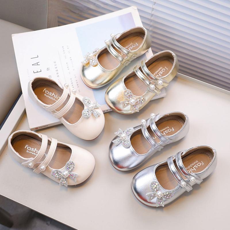 New Children's Leather Shoes Luxury Rhinestone Bowtie Kids Shoes for Girl Sweet Elegant Princess Fashion Ballet Shoes Versatile