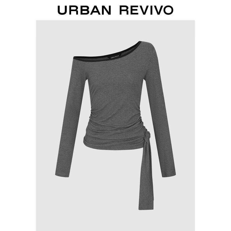 UR 2025 Autumn Women s Asymmetrical Neck Ruched Tie-Waist T-Shirt XL