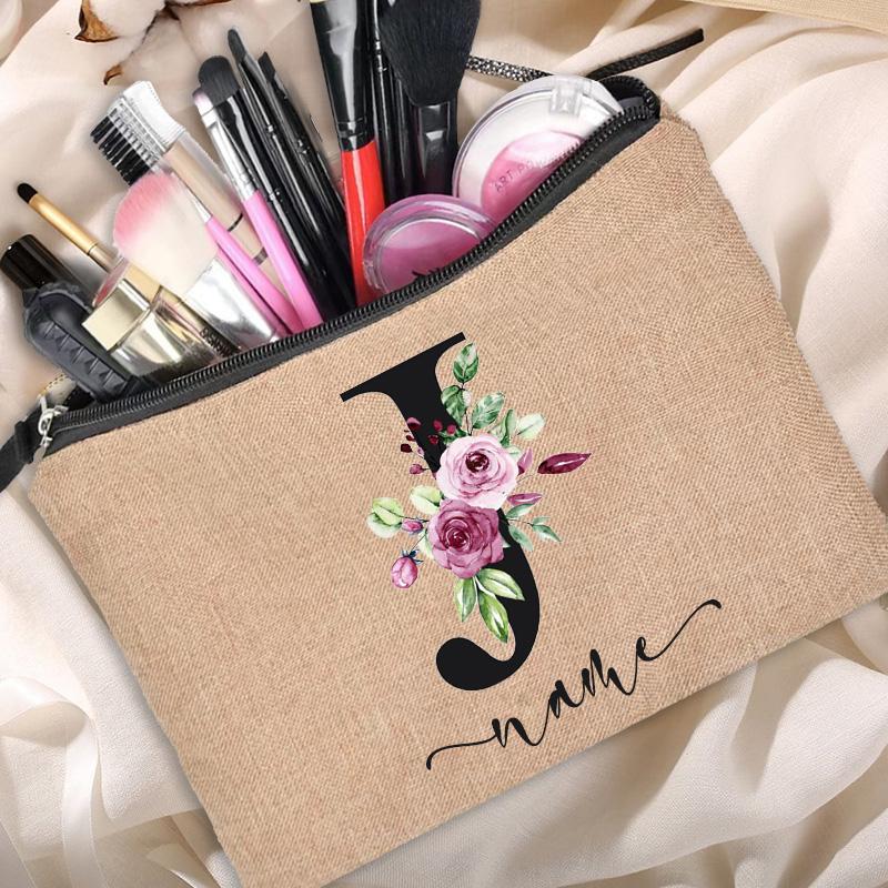 Linen Makeup Bag Customized Personalized Name Cosmetic Bag Bridesmaid Clutch Outdoor Travel Beauty  Bachelor Party Lipstick Bag