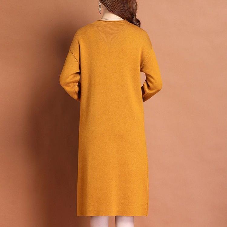 Women's Crew Neck Plus Size Knit Dress Autumn and Winter Color-Block Pullover Sweater Dress Over-the-Knee Mid-Length Knit Sweater