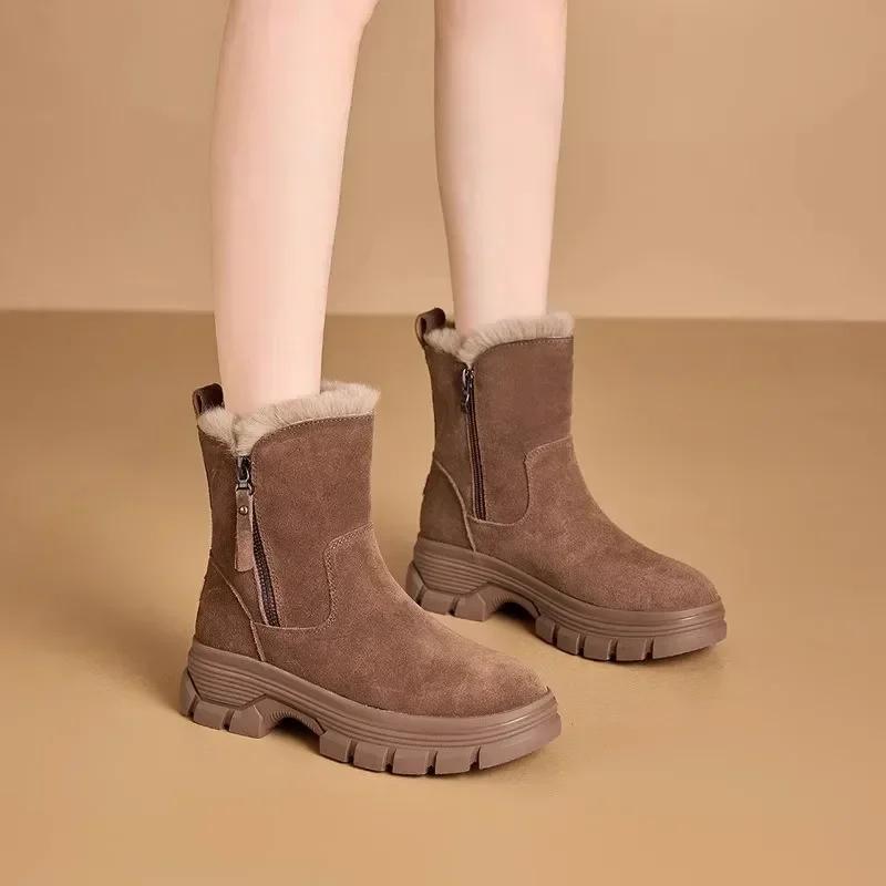 Women's Snow Boots Winter Solid Color Plush Female Snow Boots Zipper Thick Bottom Anti Slip Warm Cold Proof Cotton Shoes