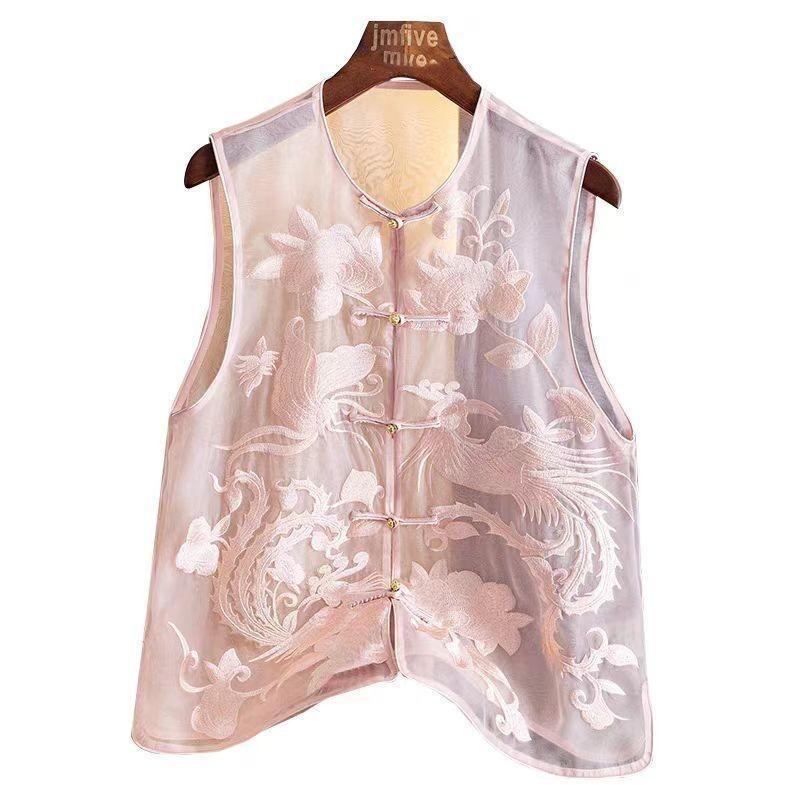Chinese pink new vest summer fashion embroidered chiffon top