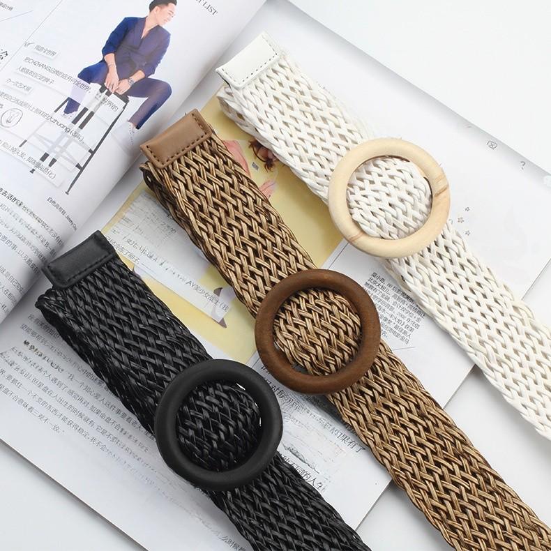 Womens Woven Cotton Linen Belt With Round Wooden Buckle For Casual Dress Fashion