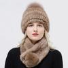 Zimowy Ciepły Damski Zestaw Czapka Szalik Dzianinowa Czapka z Pomponem Pokryta Futrem Norki Szalik z Naturalnego Futra Wysokiej Jakości