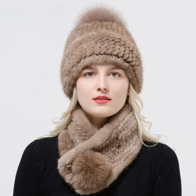 Zimowy Ciepły Damski Zestaw Czapka Szalik Dzianinowa Czapka z Pomponem Pokryta Futrem Norki Szalik z Naturalnego Futra Wysokiej Jakości