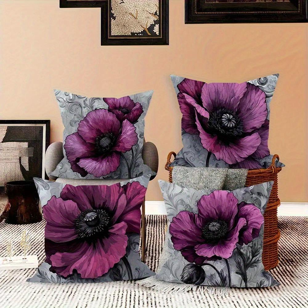 Gray and Purple Flowers Digital Printing Pillow Cover Short Plush Suitable Living Rooms Bedrooms Sofas Throw Cushion Cover 4pcs