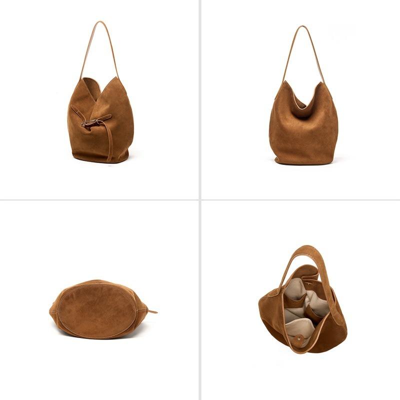 Bags niche tote fashion shoulder bag first layer cowhide large capacity high-end sense portable leather bucket bag