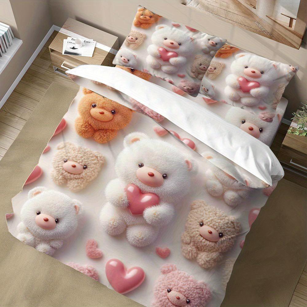 

Lifesmells 2/3 шт. Очаровательный комплект пододеяльника с рисунком сердец и плюшевых мишек, комплект покрывала для кровати с сердцами и плюшевыми мишками, уютный и очаровательный комплект постельного белья Duvet Cover Set&EU Single(135x200cm)