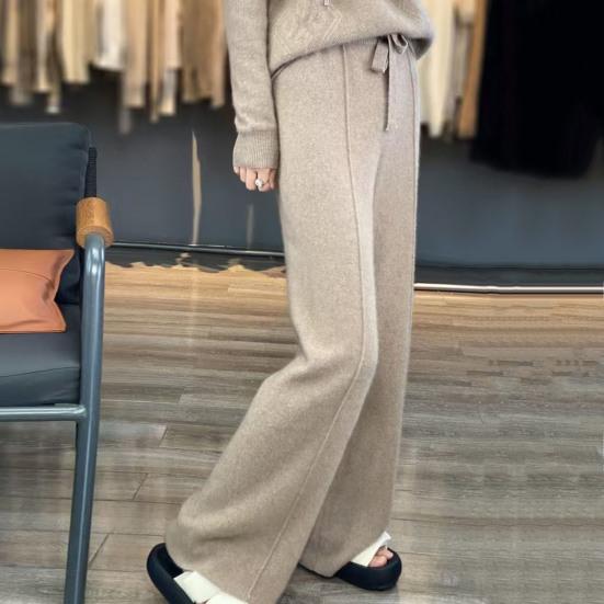 Wełniane spodnie casualowe w jednolitym kolorze, proste, szerokie nogawki, spodnie dziergane ze ściągaczem, wysoki stan, grube spodnie