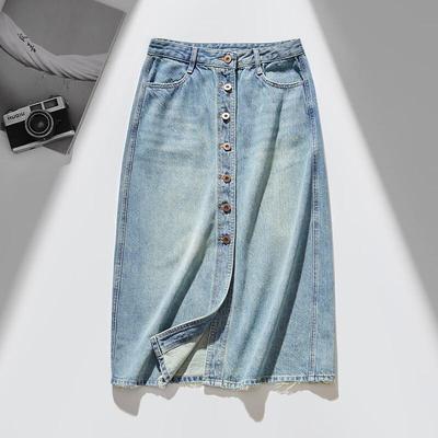 RAIN.CUN Women's High-Waist Slit A-Line Denim Skirt