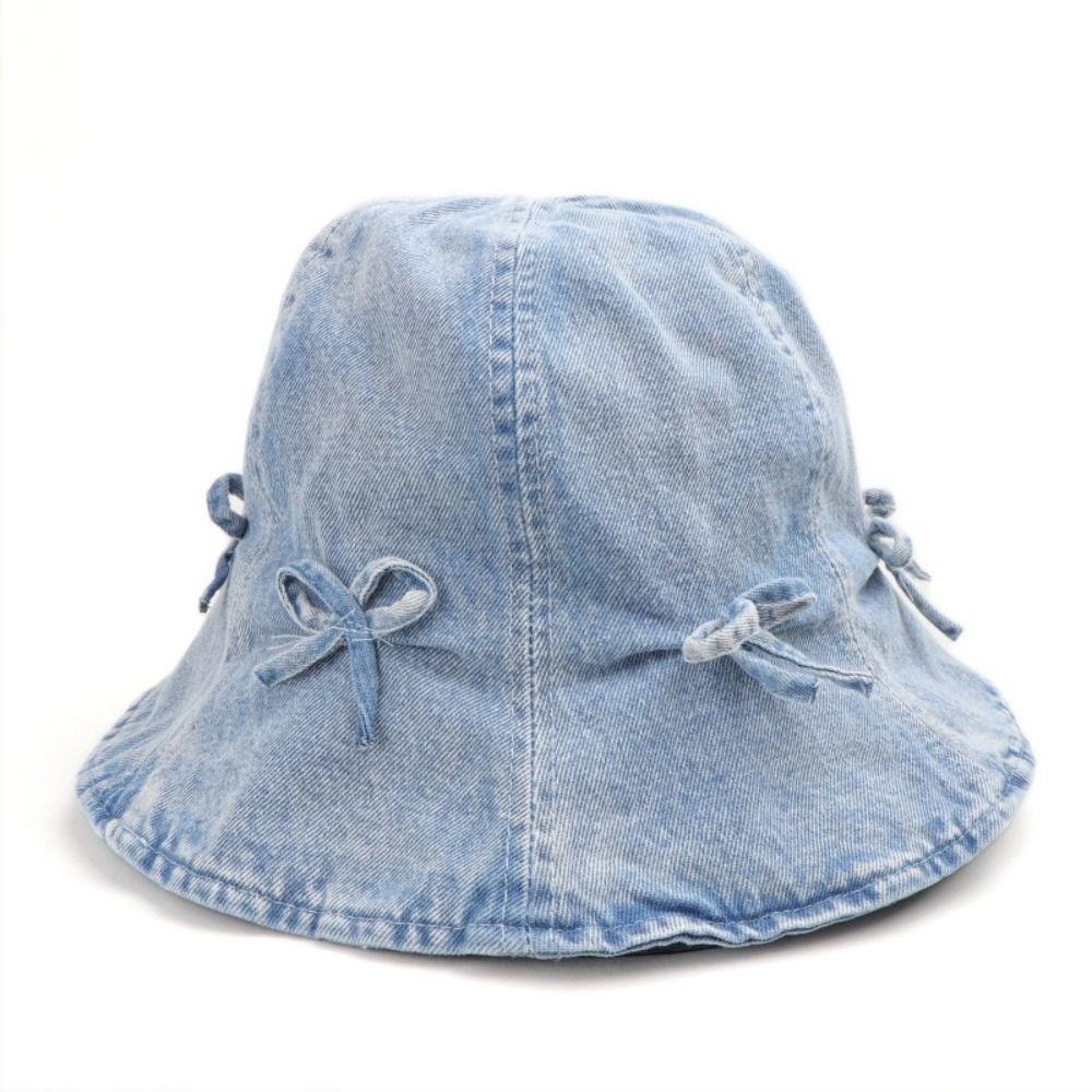 Korean Style Bow Fisherman Hat Sweet Sunscreen Hat Fashion Denim Bucket Hats  For Women