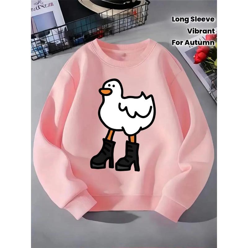 European sizes Kids' Crewneck Sweatshirt - Duck Wearing Boots Pattern Print , Sportswear And Casual Wear, Soft And Comfortable, Children's Clothing