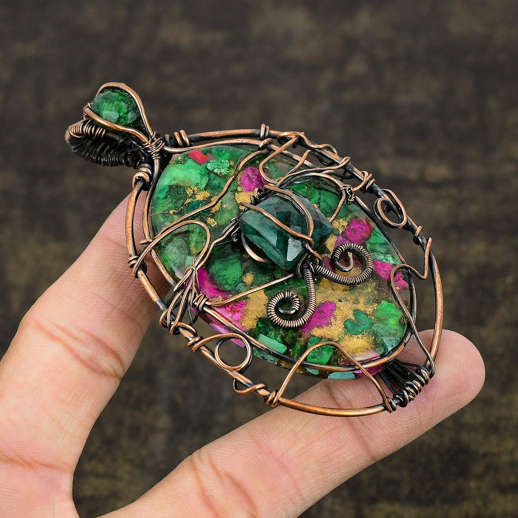 Ruby Zoisite, Emerald Natural Lab-Created Copper Wire Wrap Pendant 3.62" b9t60