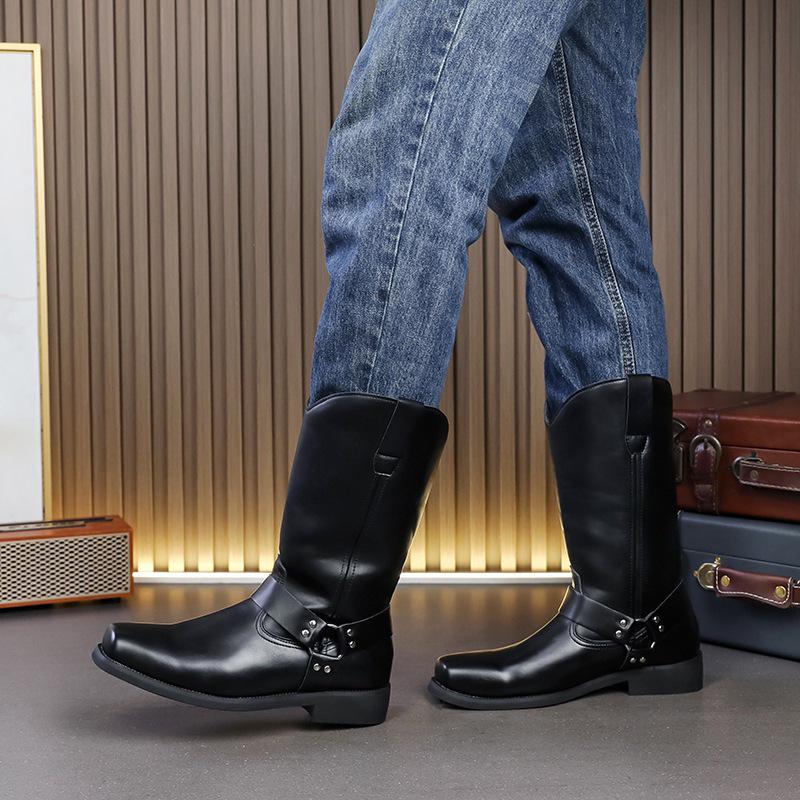 Bottes western en cuir pour homme, mi-mollet, automne, à brides croisées, bout carré, grande taille, chaussures décontractées montantes