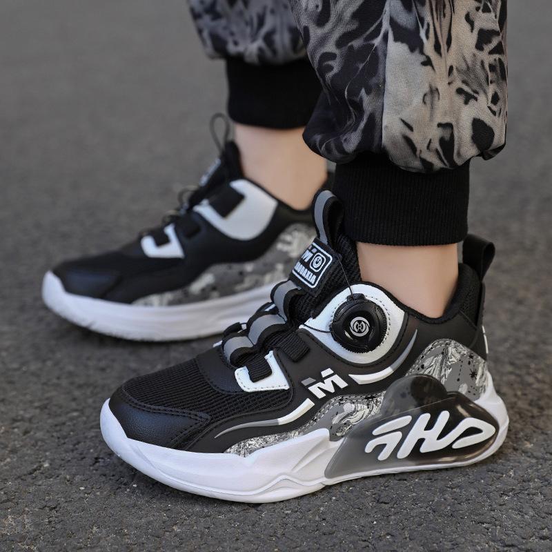 Autumn leather new children's sports shoes, boys and girls breathable rotating buckle sports running shoes shock absorption and non-slip