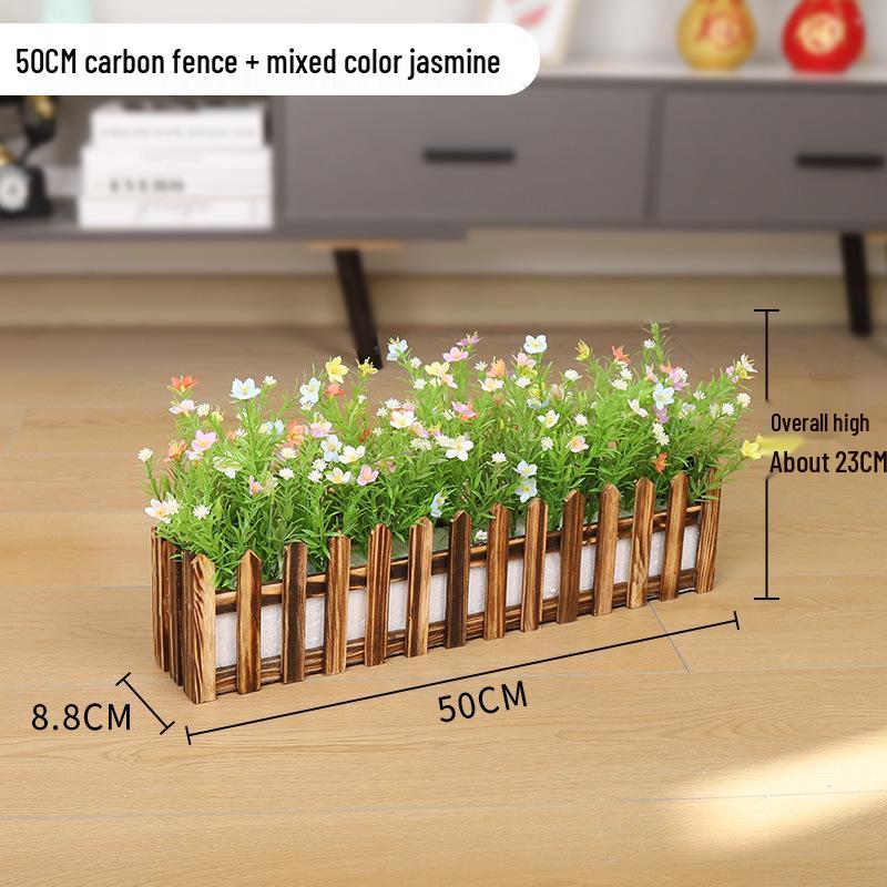 Silk Flower Pot with Wood Fence: Decorative Bonsai for Living Room or Office.