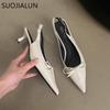 Fashion SUOJIALUN 2025 Spring New Brand Women Sandal Fashion Pointed Toe Shallow Slip On Slingback Shoes Thin High Heel Pumps Mules