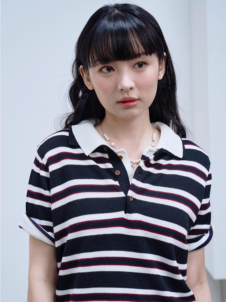 THE GREEN LAB Striped Polo Neck Short Sleeve Knit [Black]