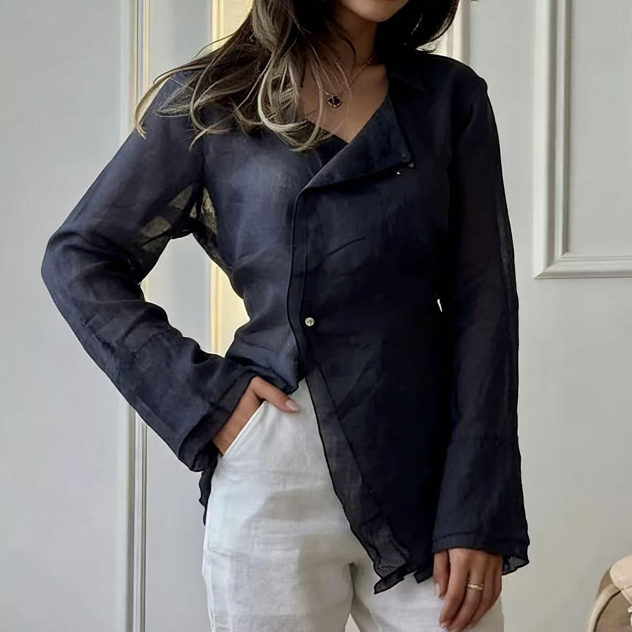 

2026 Autumn New Style Temperament Artistic Design Sense V-neck Irregular Long Sleeved Shirt Top XL