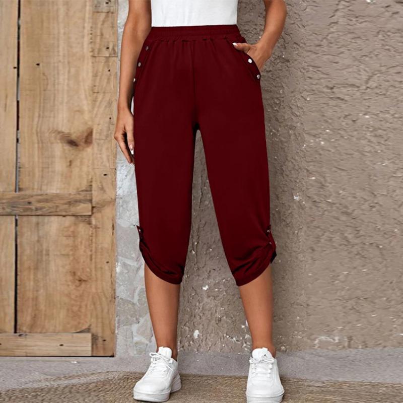 Women's Casual Black Elastic Waist Button Hem Capri Pants